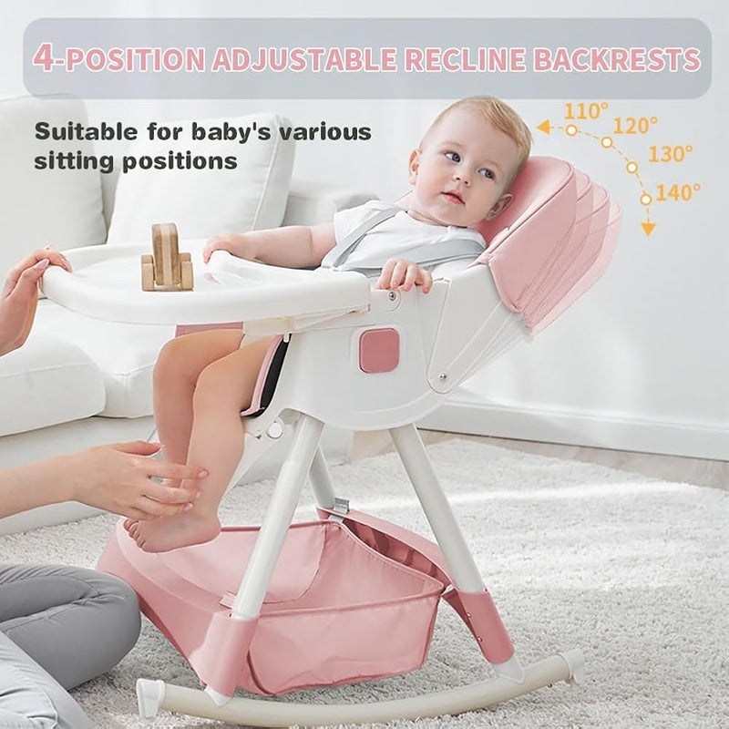 Bentifar High Chairs for Babies and Toddlers, 4 in 1 Convertible Baby High Chair, Portable High Chair for Travel with Adjustable Height and Back, Foldable HighChair with Wheels& Pu Cushion (Pink) - Image 2