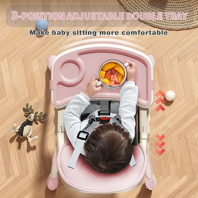 Bentifar High Chairs for Babies and Toddlers, 4 in 1 Convertible Baby High Chair, Portable High Chair for Travel with Adjustable Height and Back, Foldable HighChair with Wheels& Pu Cushion (Pink) - Image 3