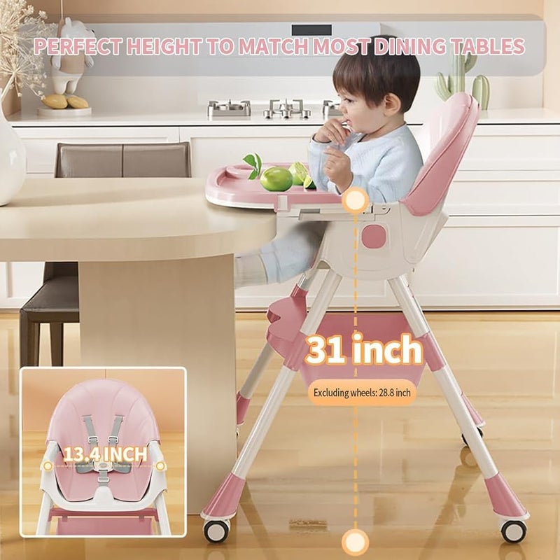 Bentifar High Chairs for Babies and Toddlers, 4 in 1 Convertible Baby High Chair, Portable High Chair for Travel with Adjustable Height and Back, Foldable HighChair with Wheels& Pu Cushion (Pink) - Image 5