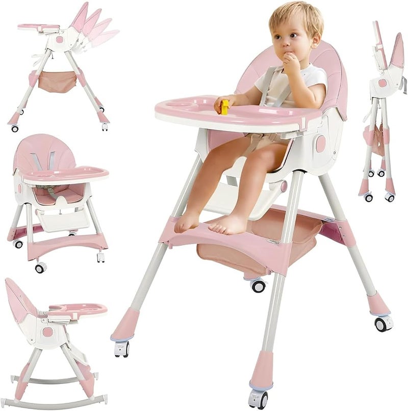 Bentifar High Chairs for Babies and Toddlers, 4 in 1 Convertible Baby High Chair, Portable High Chair for Travel with Adjustable Height and Back, Foldable HighChair with Wheels& Pu Cushion (Pink) - Image 1
