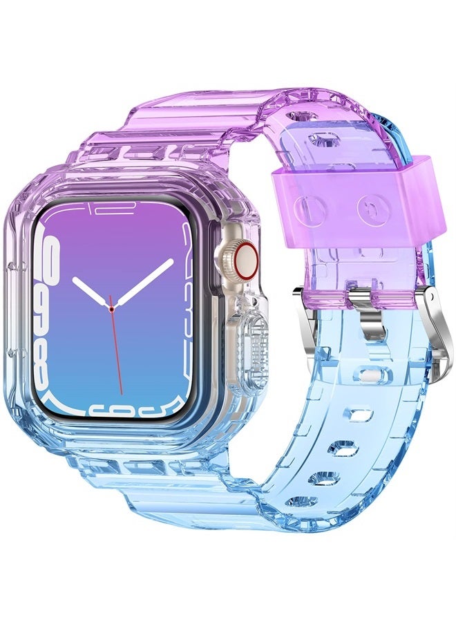 XYF Compatible for Crystal Clear Apple Watch Bands, 45mm 44mm 42mm 41mm 40mm 38mm with Bumper Case for Men Women Jelly Case and Band for iWatch Series 8 7 SE/6 5 4 3 2 1 (BluePurple, 42/44/45mm) - Image 1