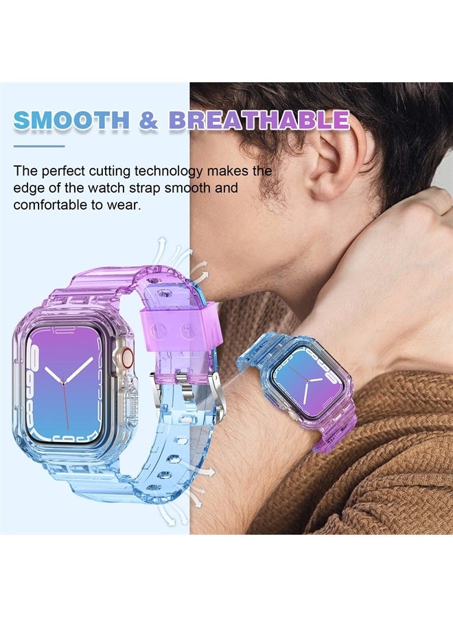 XYF Compatible for Crystal Clear Apple Watch Bands, 45mm 44mm 42mm 41mm 40mm 38mm with Bumper Case for Men Women Jelly Case and Band for iWatch Series 8 7 SE/6 5 4 3 2 1 (BluePurple, 42/44/45mm) - Image 2