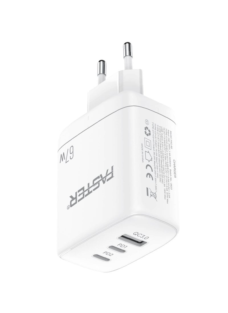 Faster - 67W QC 3.0 USB-C Fast Charger - Compact Wall Adapter for iPhone and Android, Laptop, Macbook - 67 Watt PD Charger Block for Mobile Phone, Portable and Fast Charging with 2 USB-C and 1 USB-A Ports - Image 1