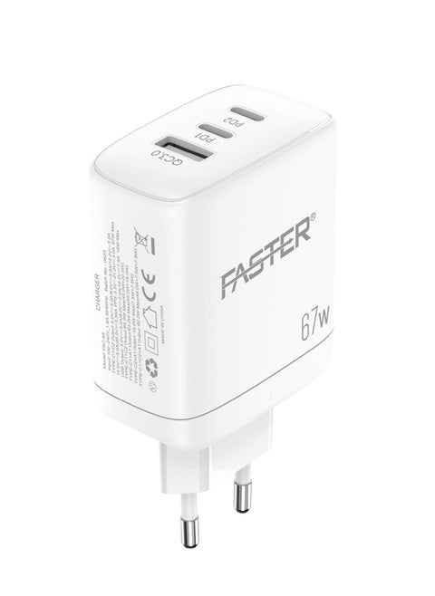 67W QC 3.0 USB-C Fast Charger - Compact Wall Adapter for iPhone and Android, Laptop, Macbook - 67 Watt PD Charger Block for Mobile Phone, Portable and Fast Charging with 2 USB-C and 1 USB-A Ports
