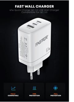 Faster 67W QC 3.0 USB-C Fast Charger - Compact Wall Adapter for iPhone and Android, Laptop, Macbook - 67 Watt PD Charger Block for Mobile Phone, Portable and Fast Charging with 2 USB-C and 1 USB-A Ports  - Image 3