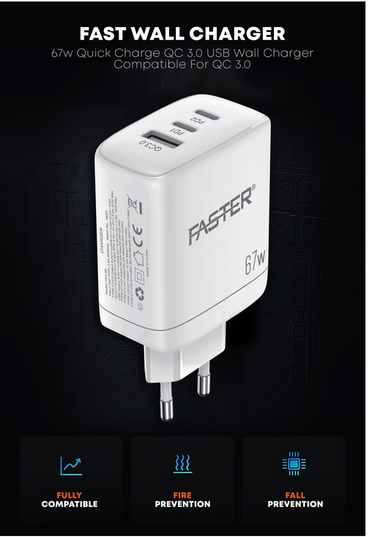 Faster - 67W QC 3.0 USB-C Fast Charger - Compact Wall Adapter for iPhone and Android, Laptop, Macbook - 67 Watt PD Charger Block for Mobile Phone, Portable and Fast Charging with 2 USB-C and 1 USB-A Ports - Image 1