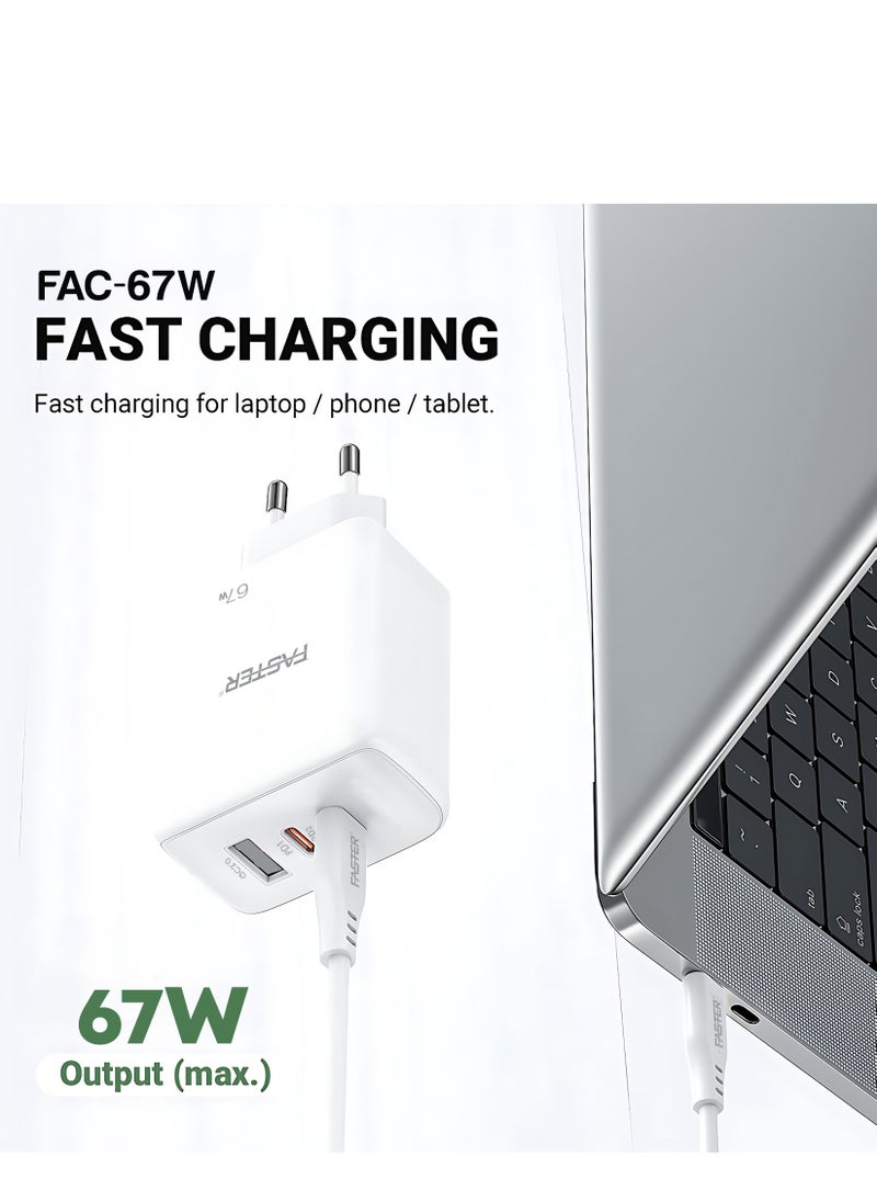 Faster - 67W QC 3.0 USB-C Fast Charger - Compact Wall Adapter for iPhone and Android, Laptop, Macbook - 67 Watt PD Charger Block for Mobile Phone, Portable and Fast Charging with 2 USB-C and 1 USB-A Ports - Image 1