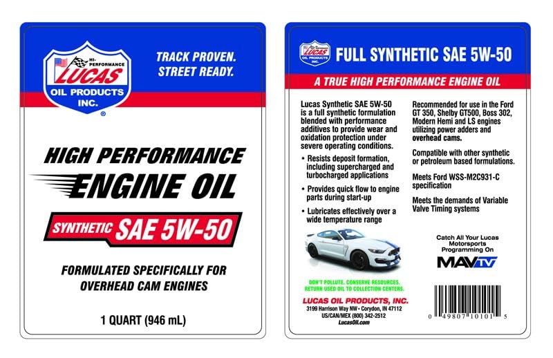 Lucas Oil 10101 Synthetic SAE 5w50 Oil, 1 Quart, 1 Pack - Image 2