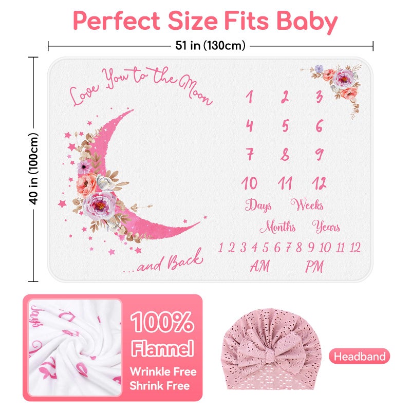 Mypin Baby Monthly Milestone Blanket, Precise Hour Moments with Knitted Hat,51â€L x40â€W,Recording 1 to 12 Months Moments,Thicker Extra Soft Flannel,Best Photography for Newborn,Baby Girl(Pink Flower) - Image 2