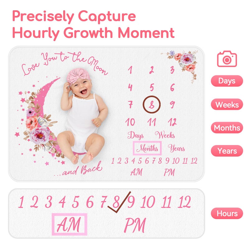 Mypin Baby Monthly Milestone Blanket, Precise Hour Moments with Knitted Hat,51â€L x40â€W,Recording 1 to 12 Months Moments,Thicker Extra Soft Flannel,Best Photography for Newborn,Baby Girl(Pink Flower) - Image 3