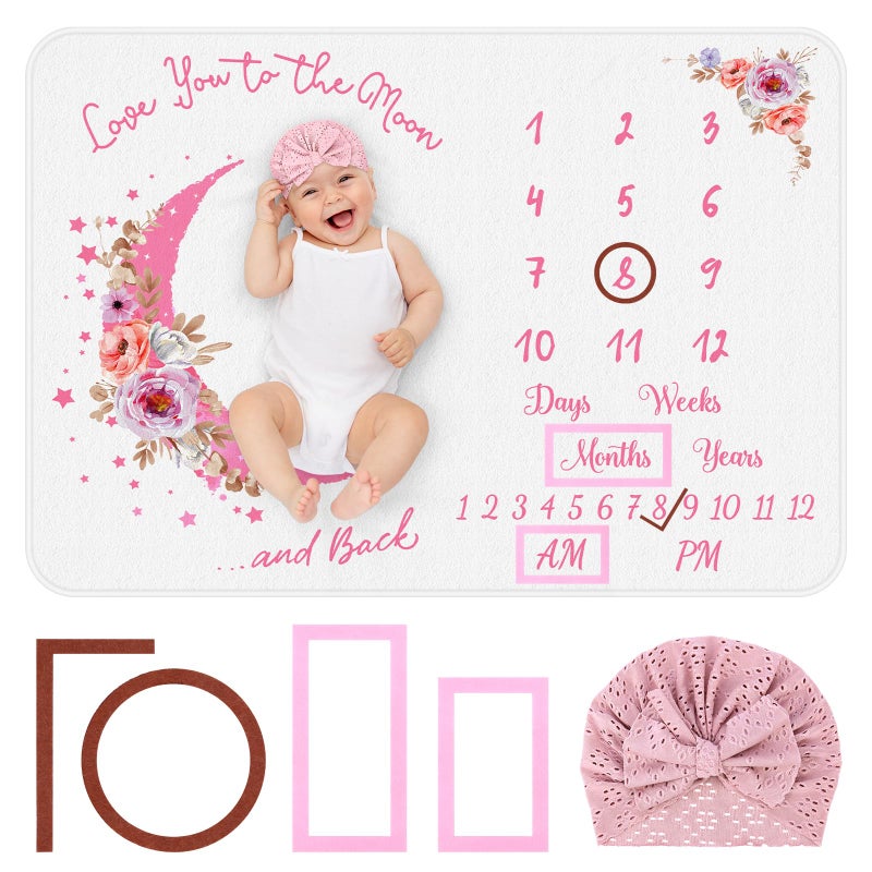 Mypin Baby Monthly Milestone Blanket, Precise Hour Moments with Knitted Hat,51â€L x40â€W,Recording 1 to 12 Months Moments,Thicker Extra Soft Flannel,Best Photography for Newborn,Baby Girl(Pink Flower) - Image 1