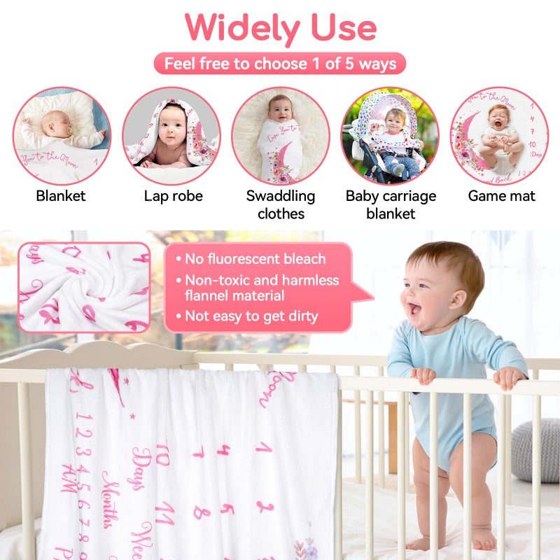Mypin Baby Monthly Milestone Blanket, Precise Hour Moments with Knitted Hat,51â€L x40â€W,Recording 1 to 12 Months Moments,Thicker Extra Soft Flannel,Best Photography for Newborn,Baby Girl(Pink Flower) - Image 5