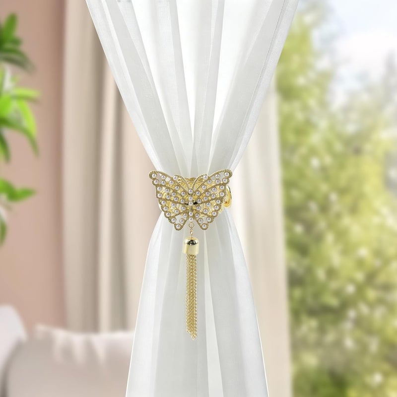 Chinflly 2 Pcs Curtain Tie Backs, No-Drill Gold Butterfly Curtain Holdbacks | Metal, Renter-Friendly, Easy to Use, Drapery Holdback, For Rental House Dorm Home Decor - Image 3