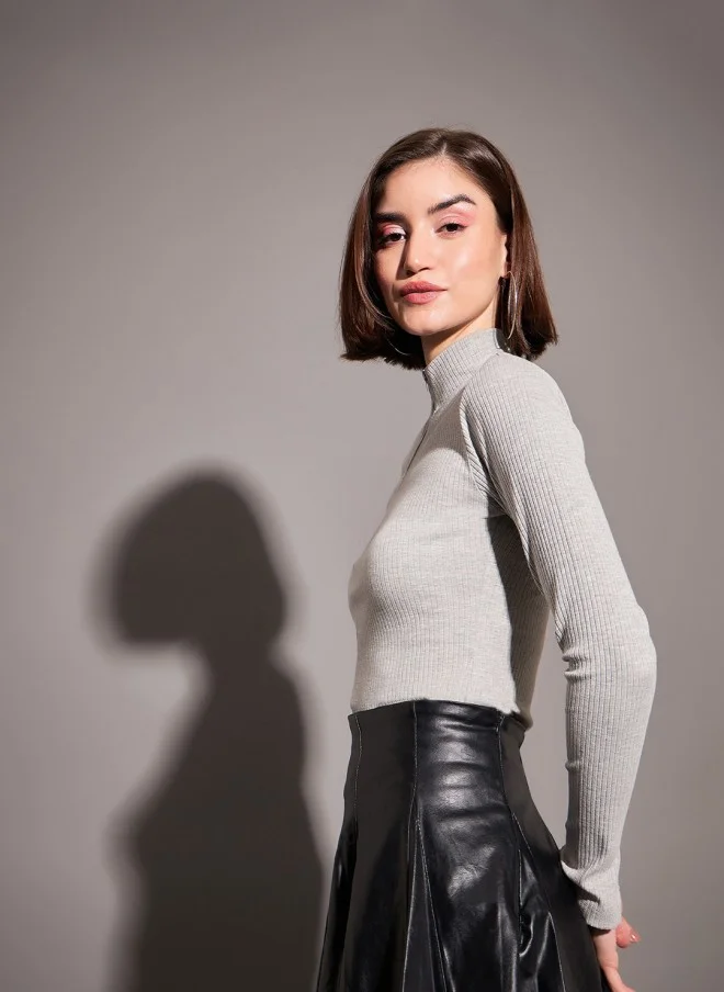 SASSAFRAS Ribbed High Neck Fitted Top for Women