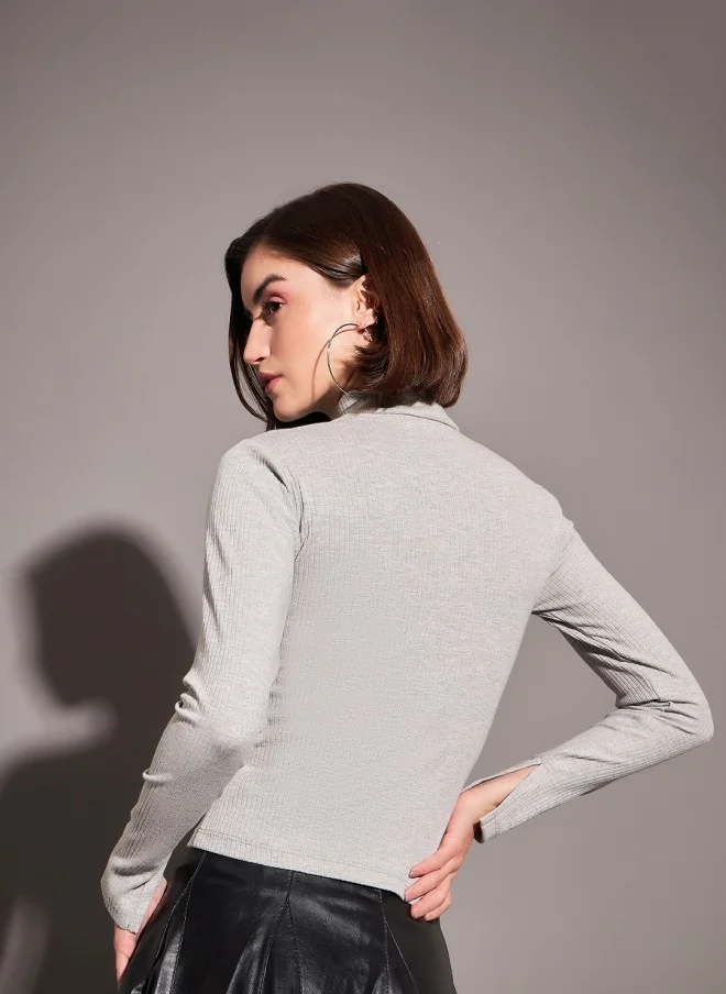 SASSAFRAS Ribbed High Neck Fitted Top for Women