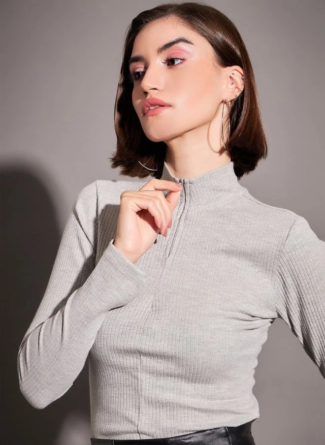 SASSAFRAS Ribbed High Neck Fitted Top for Women