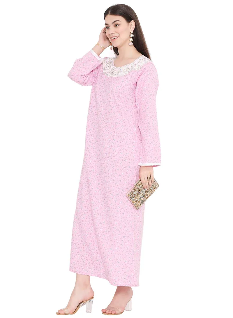 HANA & SARA SIMPLE FLOWER PRINTED WITH UNIQUE THREAD EMBROIDERY LONG ARABIC KAFTAN JALABIYA DRESS