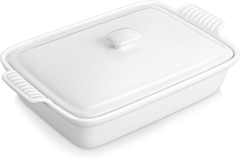 MALACASA 34 Quart Baking Dish With Lid Porcelain Casserole dish with Lid 13 x 9 Lasagna Pan Deep with Lid Rectangular Bakeware With Handle Microwave Oven Safe White Series BAKE - Image 1