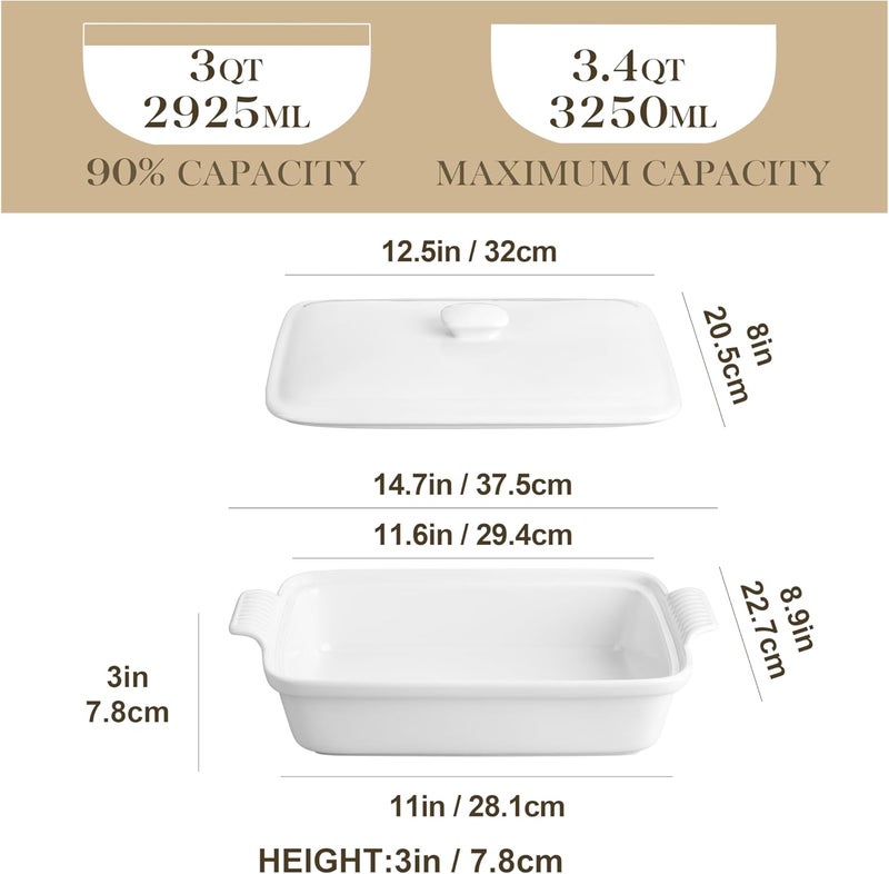 MALACASA 34 Quart Baking Dish With Lid Porcelain Casserole dish with Lid 13 x 9 Lasagna Pan Deep with Lid Rectangular Bakeware With Handle Microwave Oven Safe White Series BAKE - Image 2
