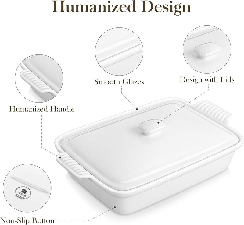 MALACASA 34 Quart Baking Dish With Lid Porcelain Casserole dish with Lid 13 x 9 Lasagna Pan Deep with Lid Rectangular Bakeware With Handle Microwave Oven Safe White Series BAKE - Image 5