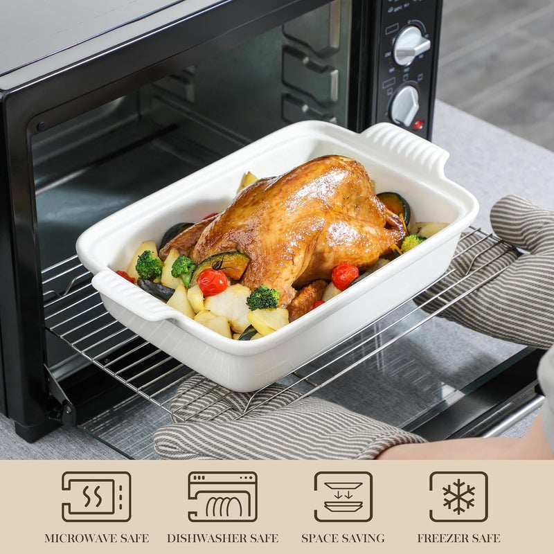 MALACASA 34 Quart Baking Dish With Lid Porcelain Casserole dish with Lid 13 x 9 Lasagna Pan Deep with Lid Rectangular Bakeware With Handle Microwave Oven Safe White Series BAKE - Image 4