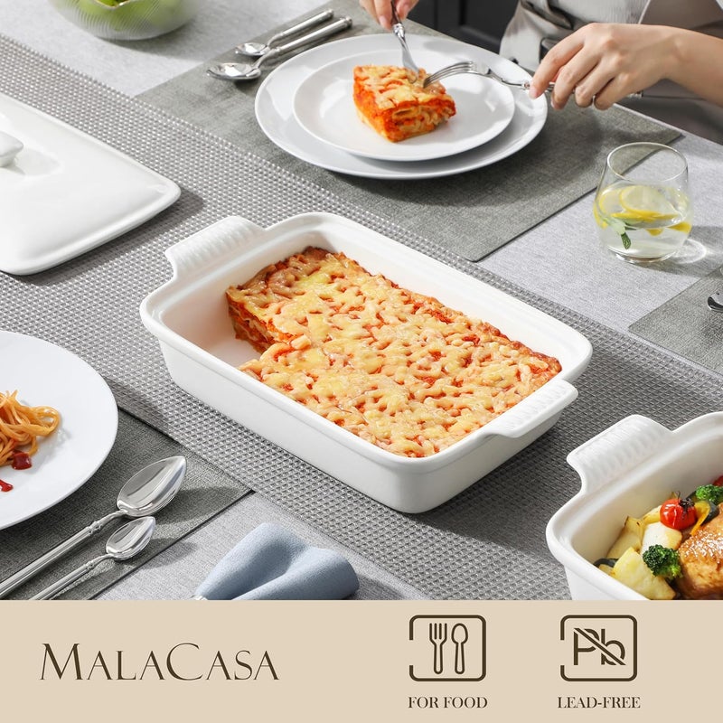 MALACASA 34 Quart Baking Dish With Lid Porcelain Casserole dish with Lid 13 x 9 Lasagna Pan Deep with Lid Rectangular Bakeware With Handle Microwave Oven Safe White Series BAKE - Image 3