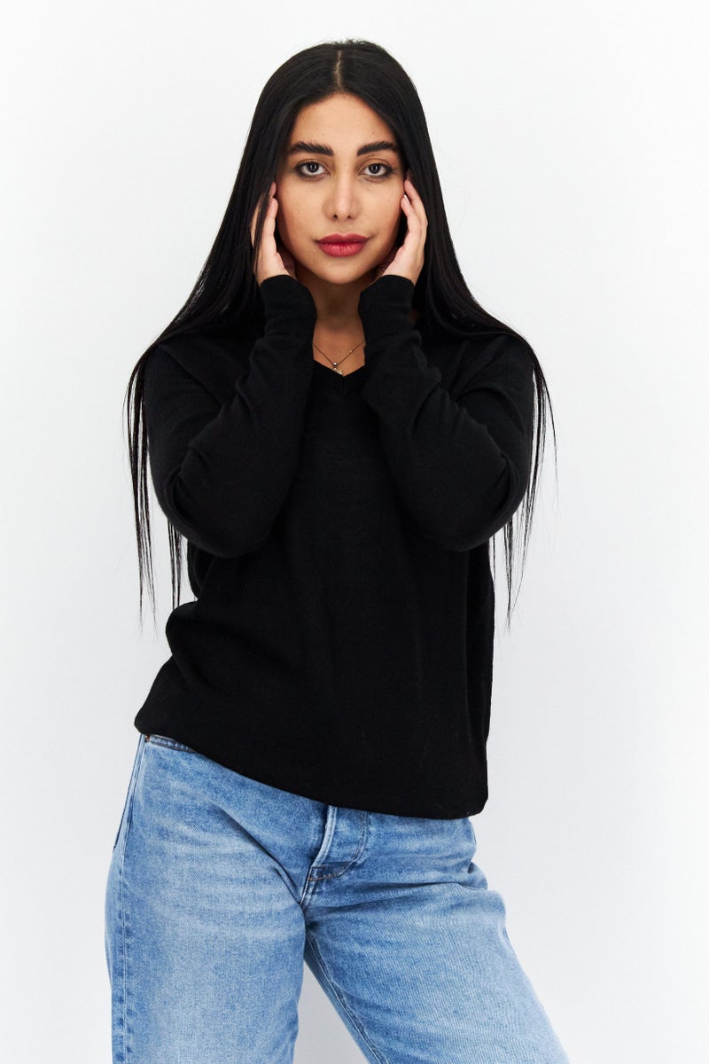 Lyle & Scott Women V-Neck Embroidered Logo Sweaters, Black  - Image 1