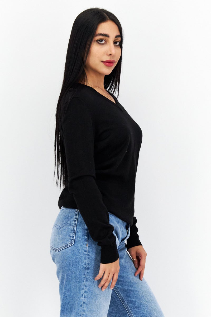 Lyle & Scott Women V-Neck Embroidered Logo Sweaters, Black  - Image 3