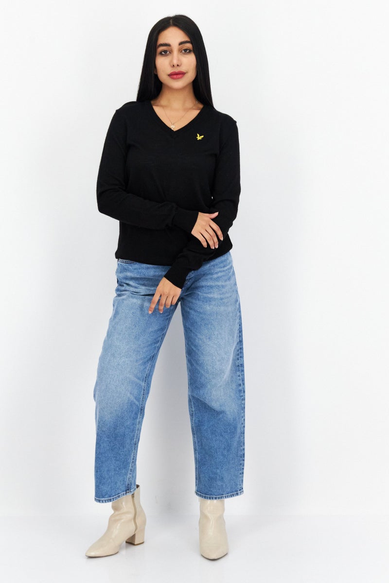 Lyle & Scott Women V-Neck Embroidered Logo Sweaters, Black  - Image 2
