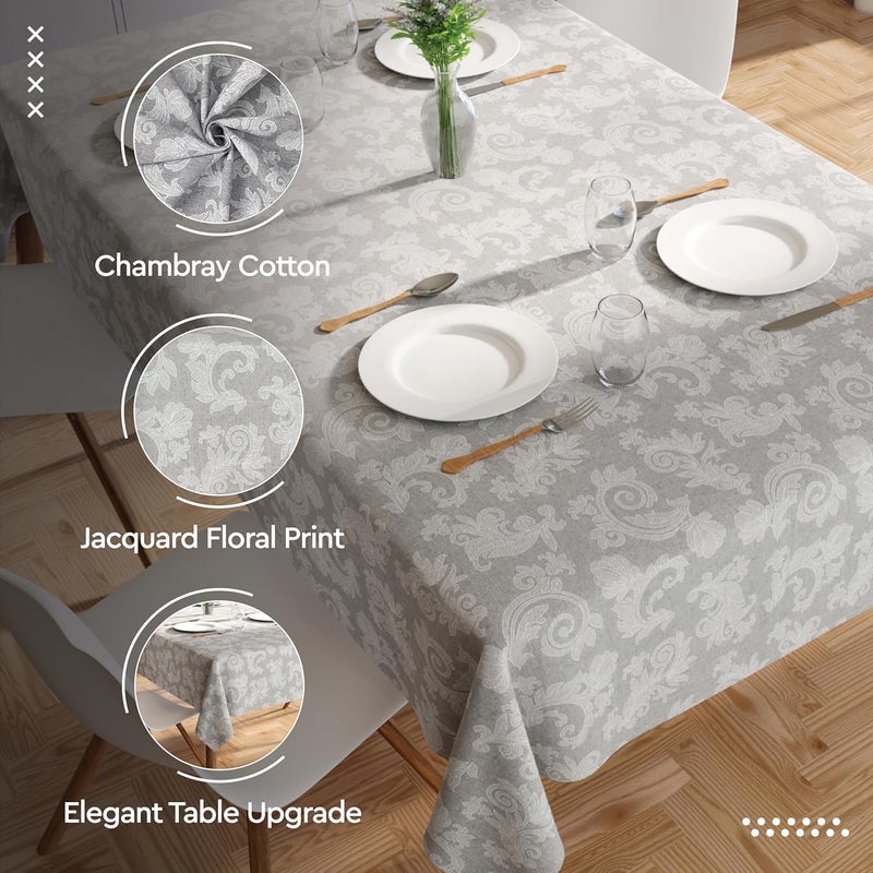 Encasa XO Encasa XO Dining Table Cover for 4 to 4 to 6 Seater Rectangular Size 145x180 cm 57x72 in Floral Grey Jacquard Printed on Chambray Cotton Dining Table Cloth for Special Occasions - Image 2