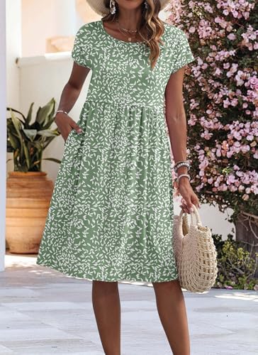 AUSELILY Women's Summer Short Sleeve Knee-Length Dresses Round Neck Loose Dress with Pockets 2026 New, Olive Green Leaf S - Image 3