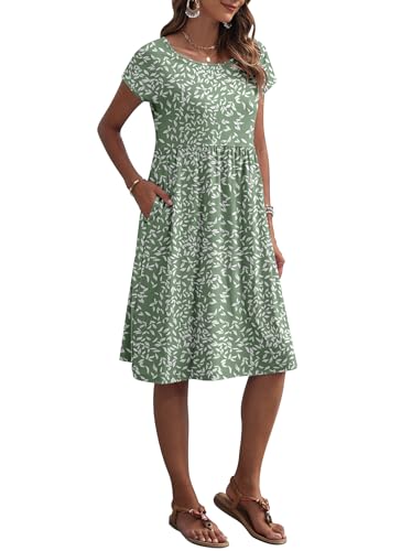 AUSELILY Women's Summer Short Sleeve Knee-Length Dresses Round Neck Loose Dress with Pockets 2026 New, Olive Green Leaf S - Image 2