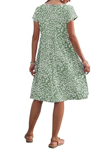 AUSELILY Women's Summer Short Sleeve Knee-Length Dresses Round Neck Loose Dress with Pockets 2026 New, Olive Green Leaf S - Image 4