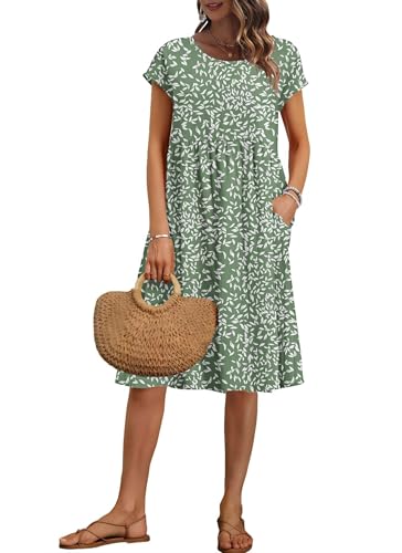 AUSELILY Women's Summer Short Sleeve Knee-Length Dresses Round Neck Loose Dress with Pockets 2026 New, Olive Green Leaf S - Image 1