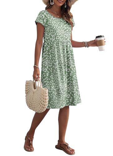 AUSELILY Women's Summer Short Sleeve Knee-Length Dresses Round Neck Loose Dress with Pockets 2026 New, Olive Green Leaf S - Image 5