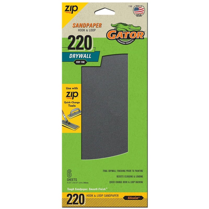 Ali Industries Gator 7160 Hook and Loop Very Fine 220-Grit Drywall Sheet Sandpaper, 4.5 x 10.5 Inch, 6 Sheets - Image 1