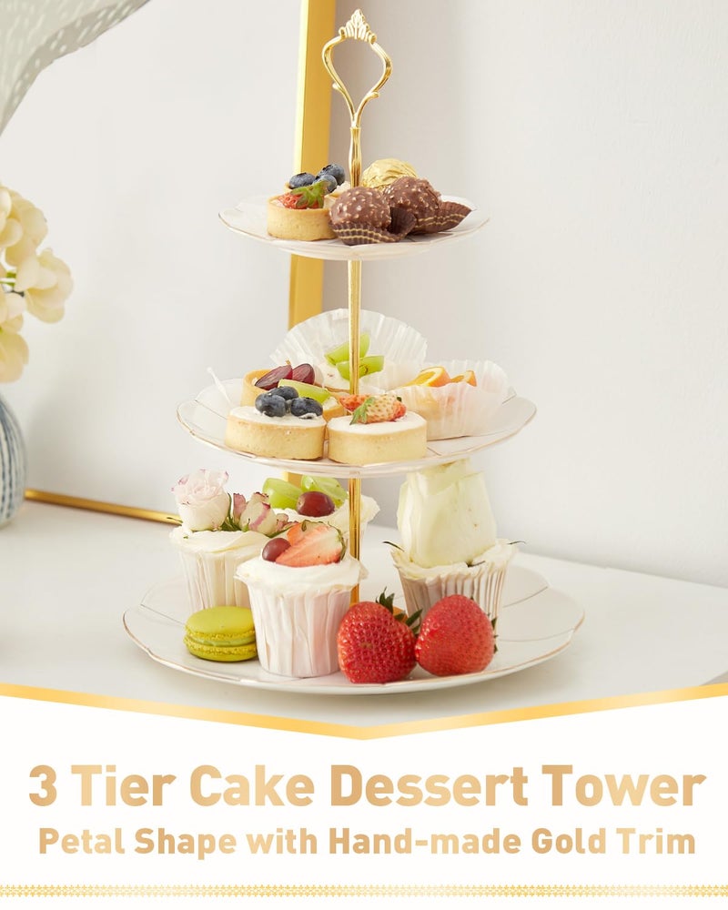 DUJUST Luxury Porcelain 3-Tier Cupcake Stand Tower, British Style Serving Tray with Golden Trim, Food Grade Dessert Display Stand, Beautiful Gift for Tea Party & Home Décor - Image 2