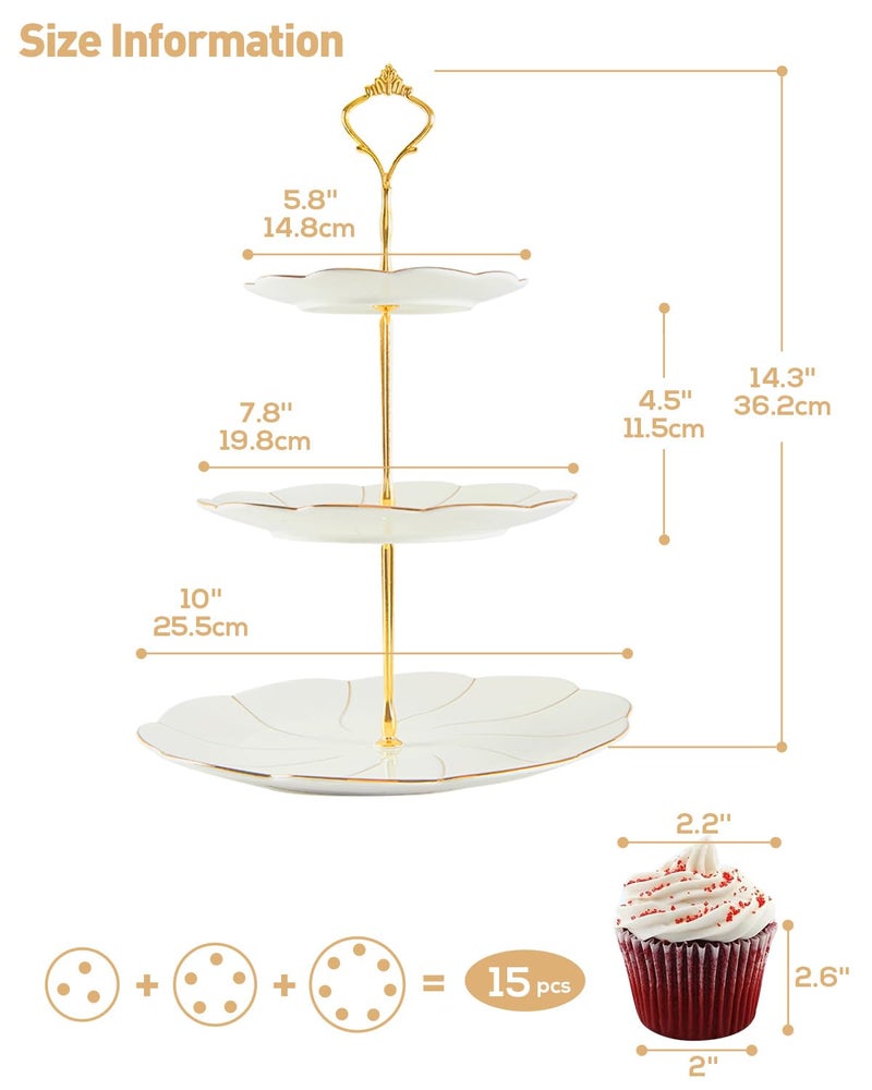 DUJUST Luxury Porcelain 3-Tier Cupcake Stand Tower, British Style Serving Tray with Golden Trim, Food Grade Dessert Display Stand, Beautiful Gift for Tea Party & Home Décor - Image 5