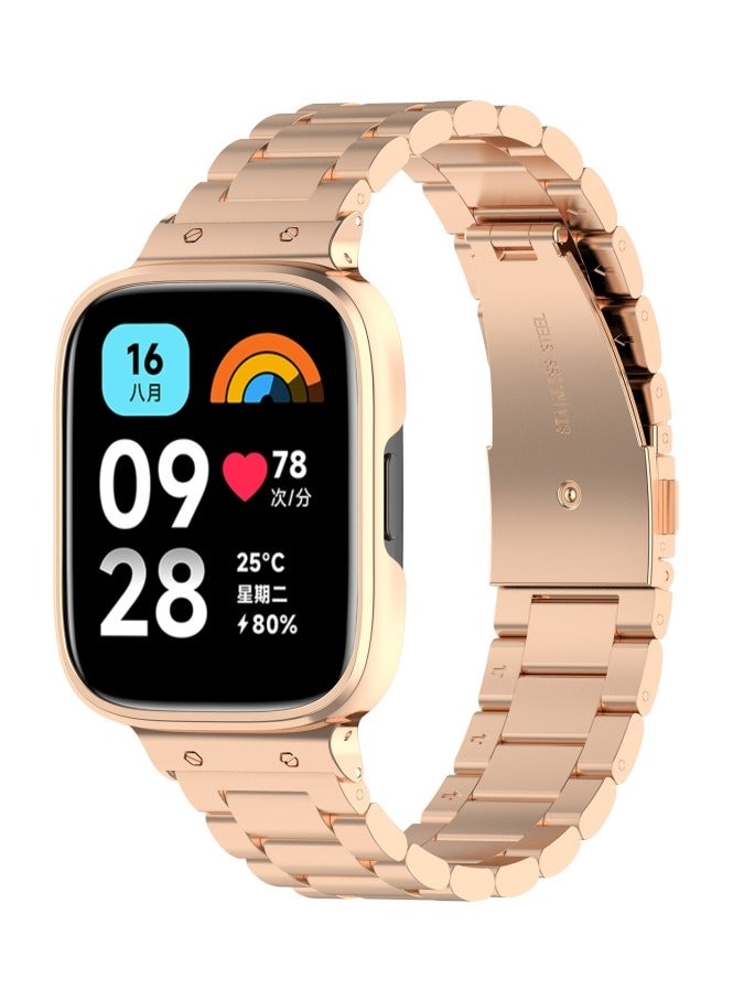 Three-bead Metal Watch Band with Watch Frame For Redmi Watch 3 2 in 1 (Rose Gold) - Image 1