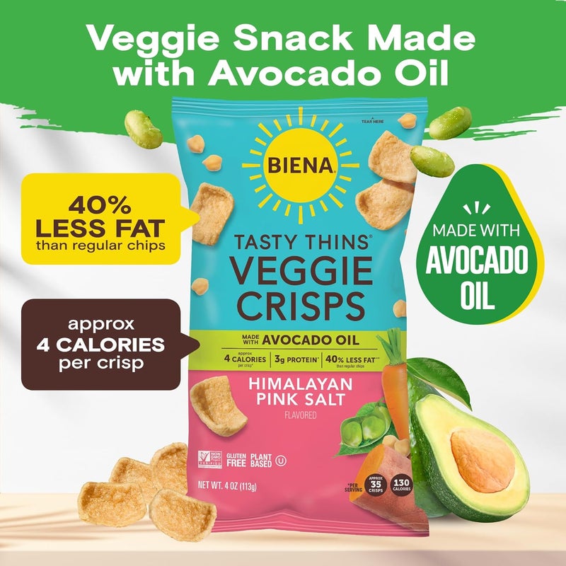Biena Tasty Thins Veggie Crisps with Himalayan Pink Salt - 4 Pack, Gluten Free, Vegan, Plant-Based Snack - Image 2