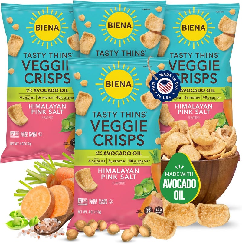 Biena Tasty Thins Veggie Crisps with Himalayan Pink Salt - 4 Pack, Gluten Free, Vegan, Plant-Based Snack - Image 1