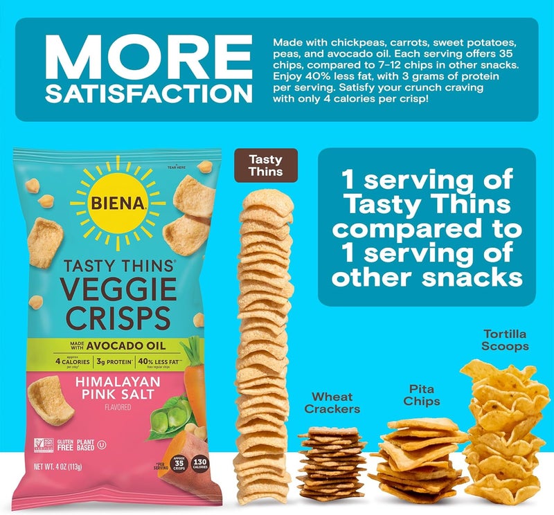 Biena Tasty Thins Veggie Crisps with Himalayan Pink Salt - 4 Pack, Gluten Free, Vegan, Plant-Based Snack - Image 4