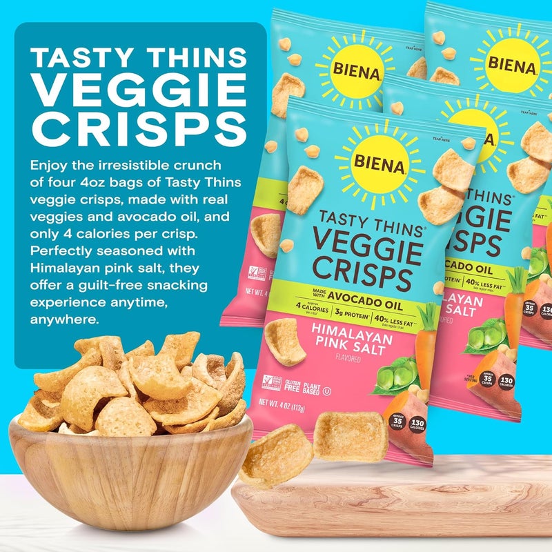 Biena Tasty Thins Veggie Crisps with Himalayan Pink Salt - 4 Pack, Gluten Free, Vegan, Plant-Based Snack - Image 3