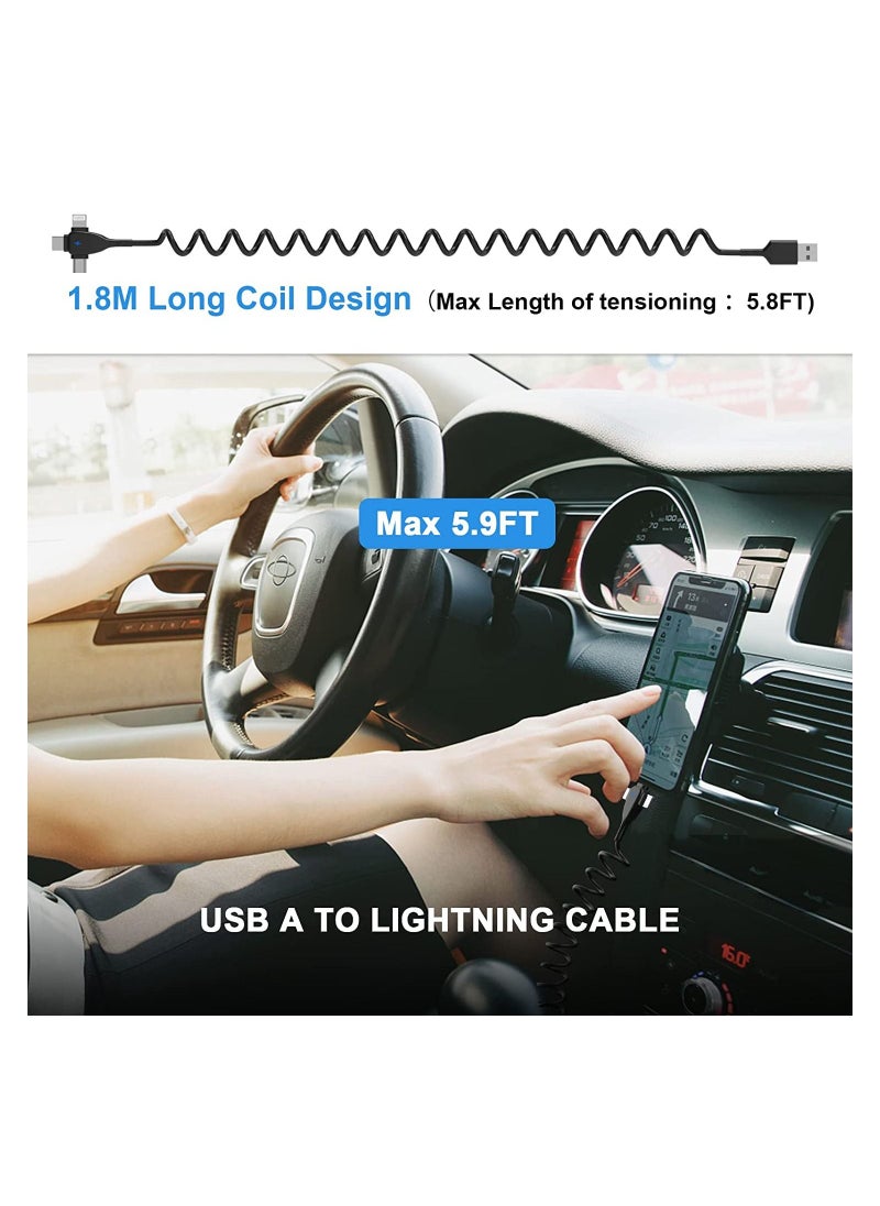 Y&D - 3 in 1 Coiled Lightning Cable for Car Coil iPhone Charger Cable, USB Fast Compatible with Type-C Micro 14 13 12 11 XS XR X 8 7 Support iOS Android Tablets PC - Image 1