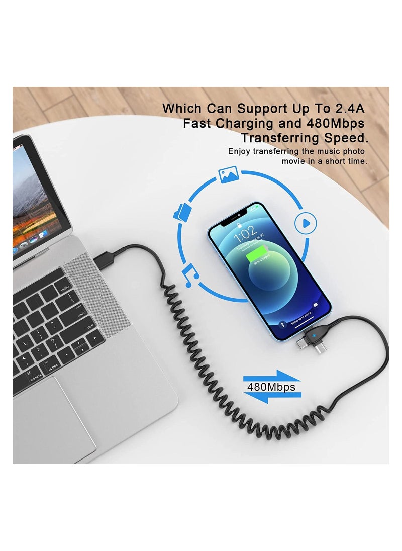 Y&D - 3 in 1 Coiled Lightning Cable for Car Coil iPhone Charger Cable, USB Fast Compatible with Type-C Micro 14 13 12 11 XS XR X 8 7 Support iOS Android Tablets PC - Image 1