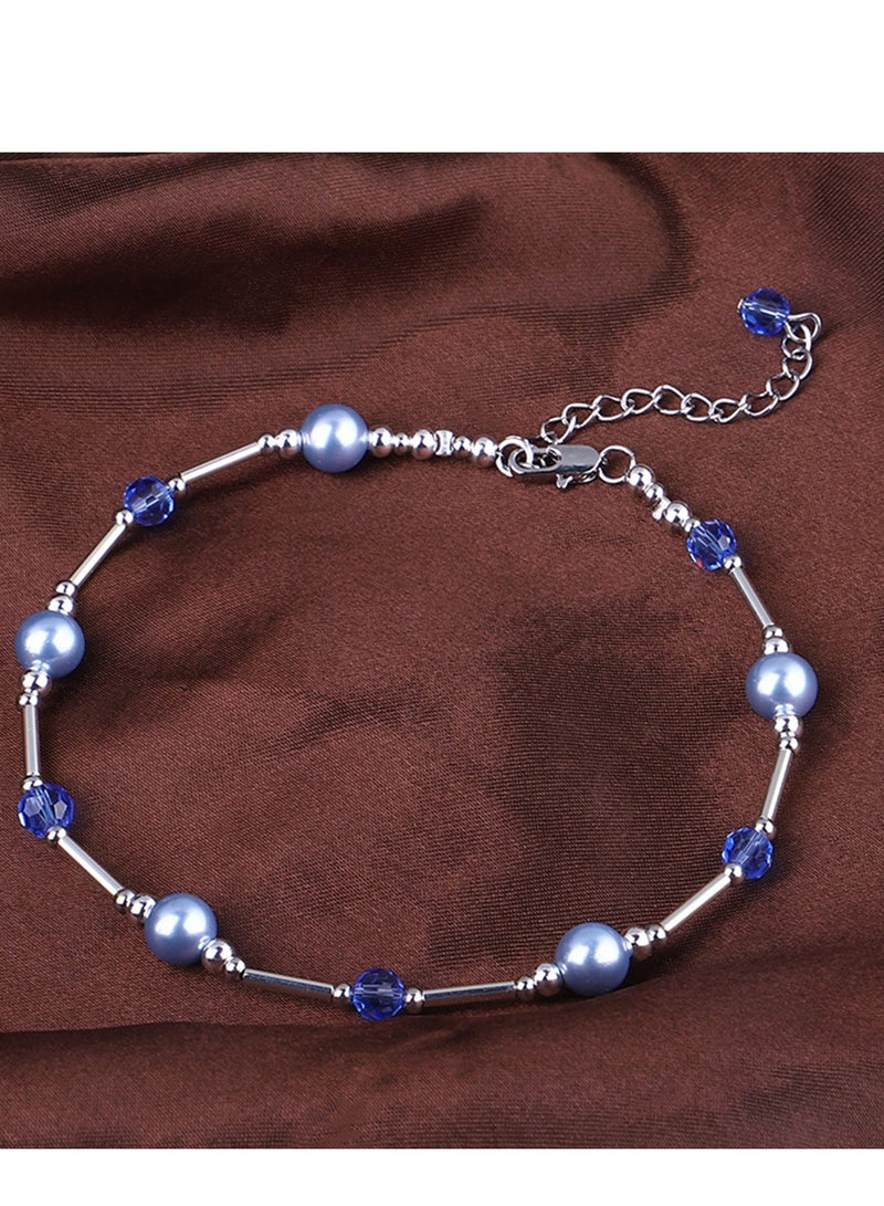 Excefore Layered Ankle Bracelets for Women, Girls Dainty Anklet, Summer Waterproof Crystal Pearl Ankle Bracelet, Blue Anklet for Bride On Wedding Gift, Bridesmaid Bead Chain Anklet, Bridal Shower Gifts - Image 2