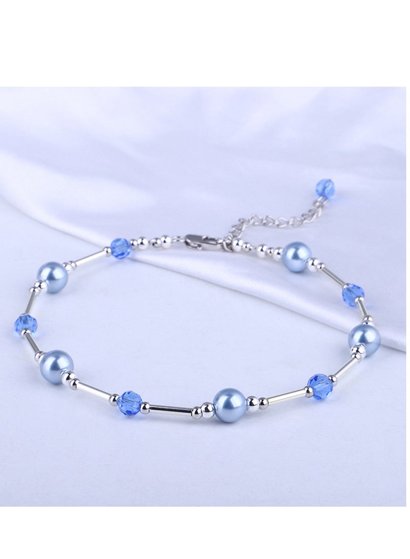 Excefore Layered Ankle Bracelets for Women, Girls Dainty Anklet, Summer Waterproof Crystal Pearl Ankle Bracelet, Blue Anklet for Bride On Wedding Gift, Bridesmaid Bead Chain Anklet, Bridal Shower Gifts - Image 3