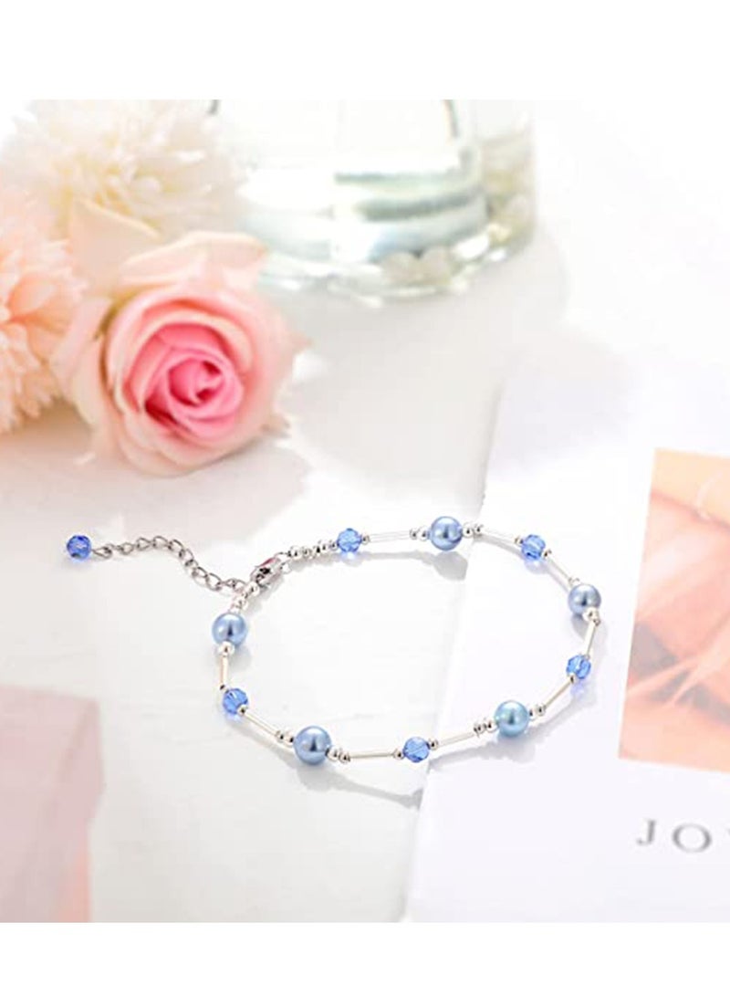 Excefore Layered Ankle Bracelets for Women, Girls Dainty Anklet, Summer Waterproof Crystal Pearl Ankle Bracelet, Blue Anklet for Bride On Wedding Gift, Bridesmaid Bead Chain Anklet, Bridal Shower Gifts - Image 5