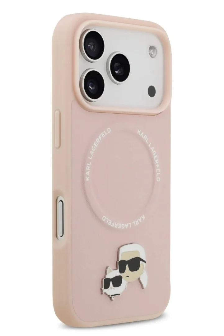 Karl Lagerfeld iPhone 17 Pro MagSafe Case / PU Leather Case With Karl & Choupette Head Pins - Pink