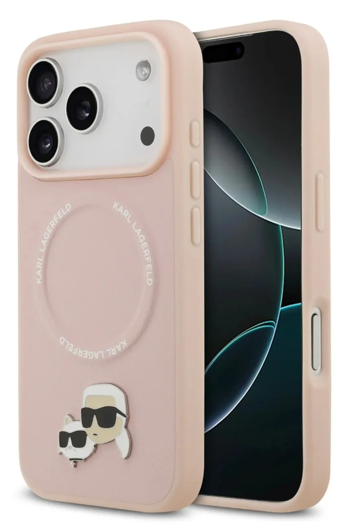 Karl Lagerfeld iPhone 17 Pro MagSafe Case / PU Leather Case With Karl & Choupette Head Pins - Pink
